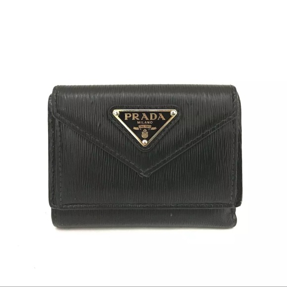 AUTH PRADA Logo Vitello Move Leather Trifold Wallet Black - Picture 1 of 8